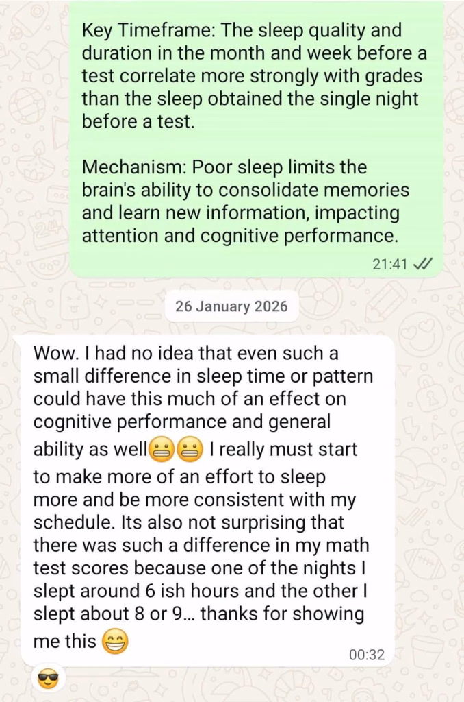 Student response to Julian's sleep and exam performance advice, connecting sleep quality to their own mock results